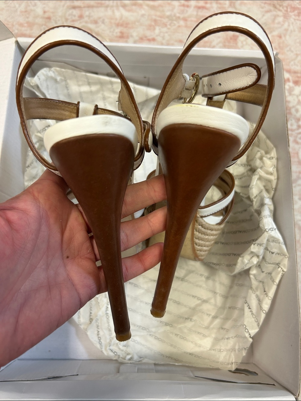 Aldo White and Tan Espadrille Platform T‑Strap Heels - Picture 4 of 8